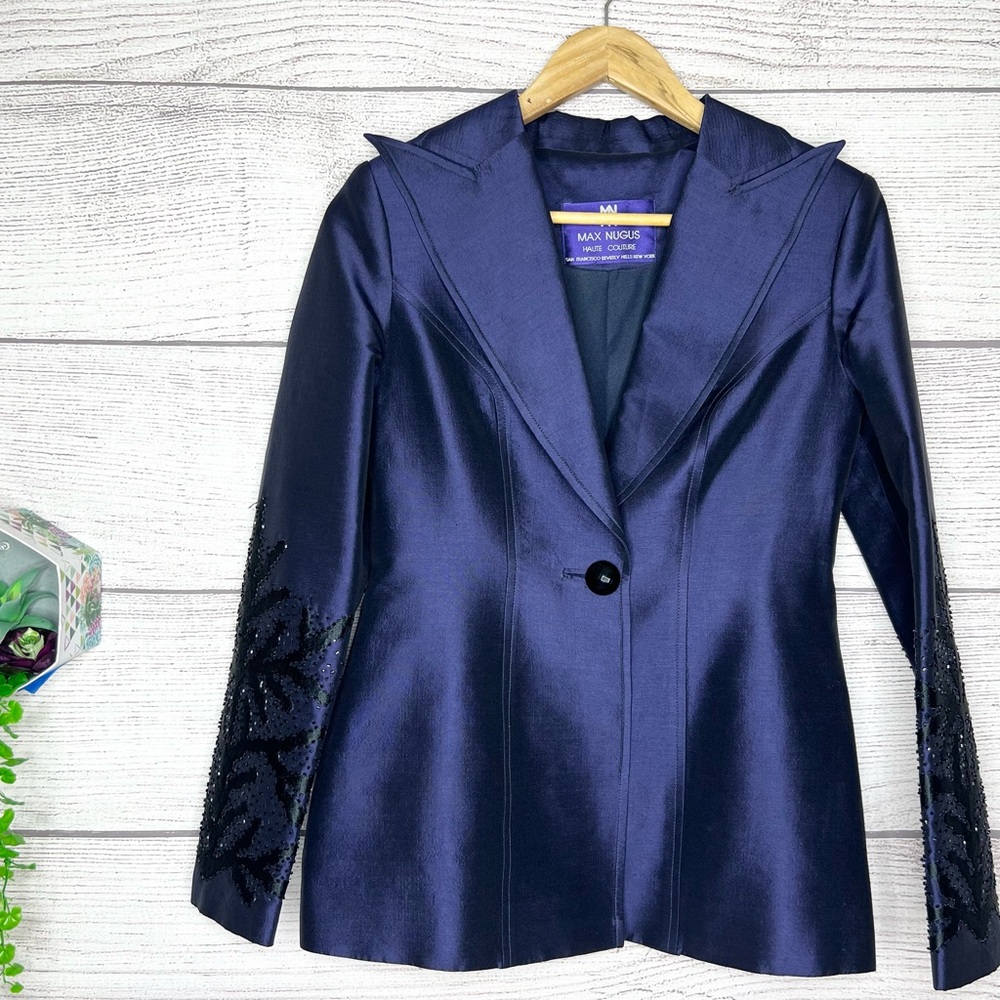 Max Nugus Haute Couture Navy & Black Rhinestone Evening Blazer Jacket Size Small